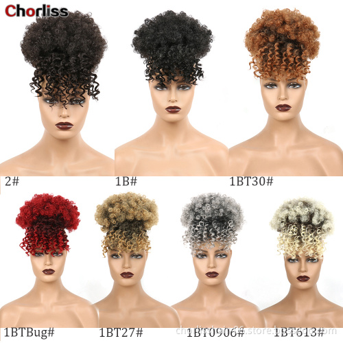 Hot Sale Ombre Chignon With Bangs Kinky Curly Bun Hairpieces Short Afro Fluffy Puff Synthetic Hair Extensions For Black Woman